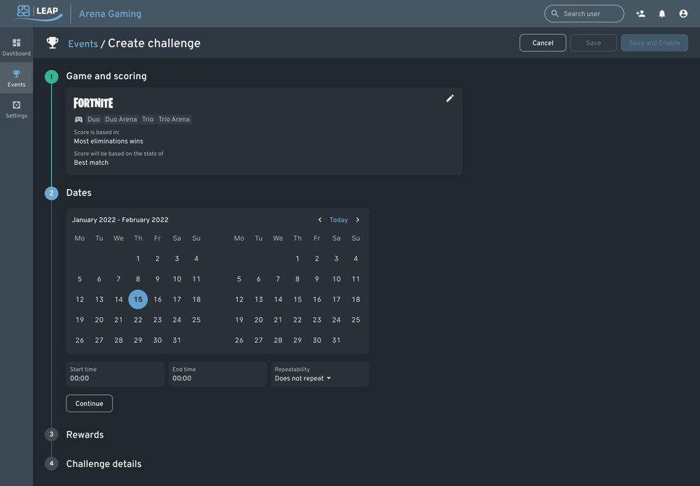 ggLeap web admin creating an esports challenge