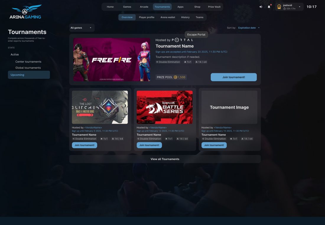 ggLeap Arcade tournament listings for a LAN center, with featured and upcoming events