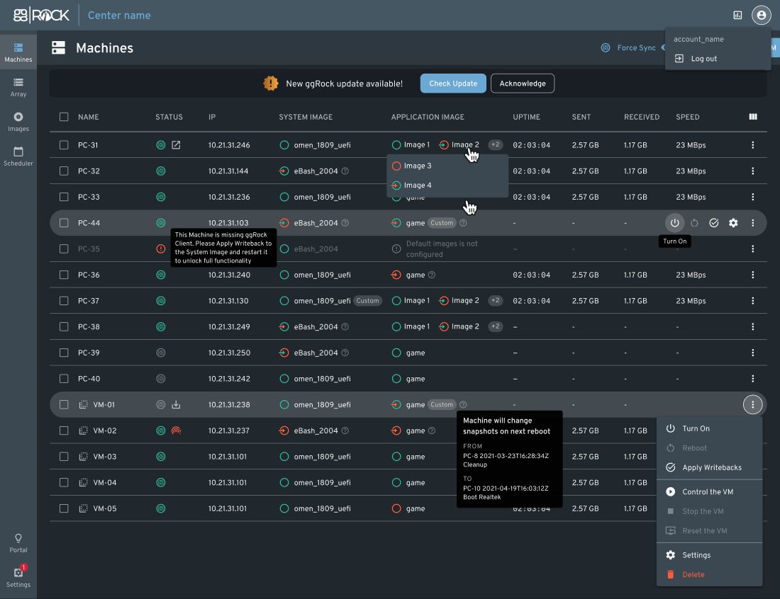 ggRock console showing system and application images assigned to each gaming PC